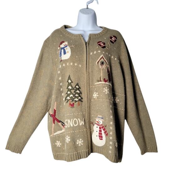 Croft & Barrow Deadstock 1X Holiday Cardigan Sweater Snowman Zip NWT Y2K Xmas - Picture 1 of 10